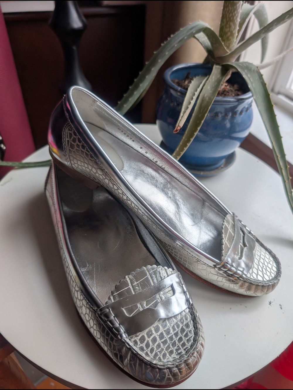 Cole Haan Metallic Silver Penny Loafers with Croc Texture